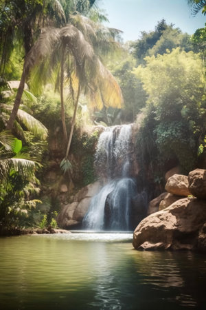 Waterfall in the garden with palm trees and rocks - created with AIの素材