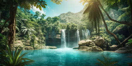 Panorama of waterfall in tropical jungle with green foliage and sunlight - created with AIの素材