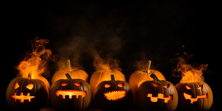 Halloween background with pumpkins with fire and smoke on black background with copy space - created with AIの素材