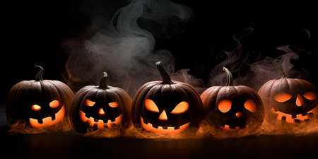Halloween background with pumpkins with fire and smoke on black background with copy space - created with AIの素材