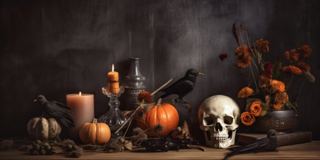 Halloween still life with human skull, pumpkins, candlesticks, dry flowers and candles on dark background created with AIの素材