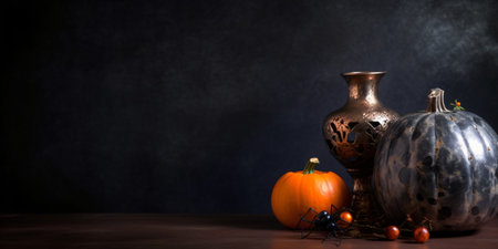 Halloween still life with pumpkins, spiders and vintage vase created with AIの素材