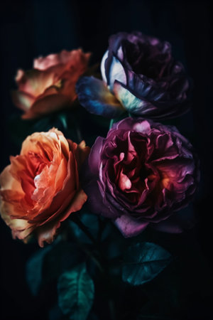 Beautiful roses in a vase on a dark background. Toned - created with AIの素材