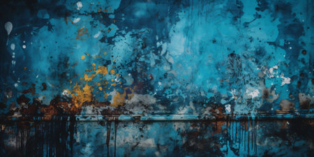 Abstract grunge background with blue and yellow paint splashes on rusty metal - created with AIの素材