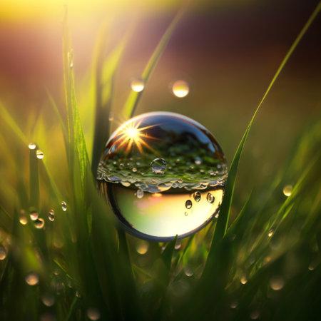 Water drop on fresh green grass with bokeh sun light background created with KIの素材