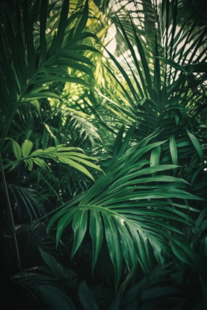 Tropical leaves background. Green palm leaves, nature background created with AIの素材