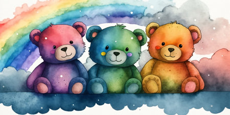 Watercolor illustration of a group of teddy bears on a rainbow background created with kiの素材
