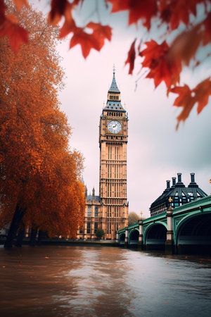Big Ben in London, UK. Autumn season created with AIの素材