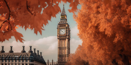 Big Ben in London, UK. Autumn season. Panoramic image created with AIの素材
