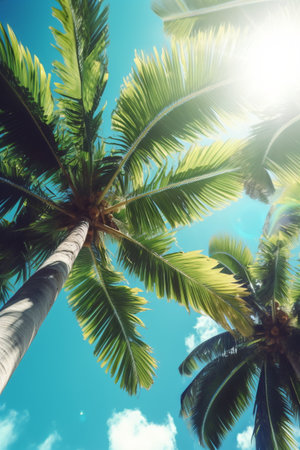 Coconut palm leaves with blue sky background - created with AIの素材