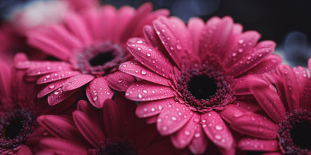 Pink gerbera flowers with water drops on petals close up - created with AIの素材