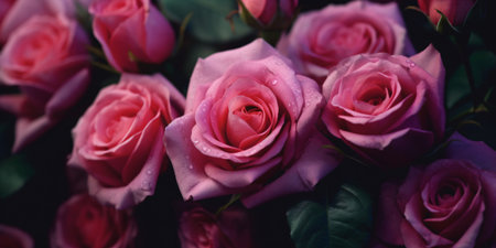 Beautiful pink roses on black background, valentines day concept created with AIの素材