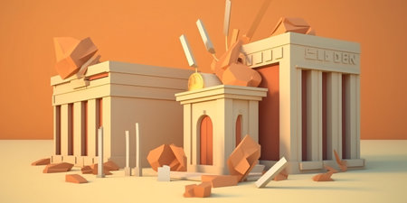Dramatic Collapse of a Bank Building Concept to demonstrate the banking crisis created with AIの素材