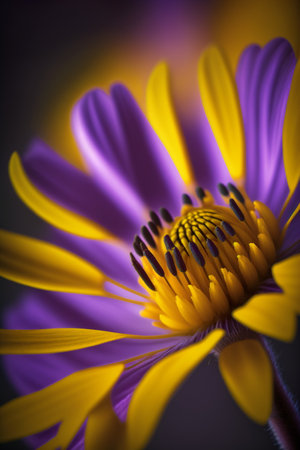 Beautiful purple flower with yellow petals on a dark background created with AIの素材