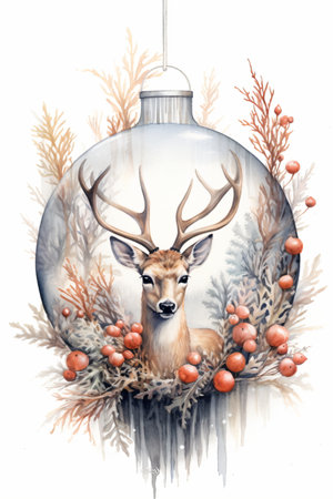 Christmas bauble with deer. Watercolor illustration on white background created with AIの素材