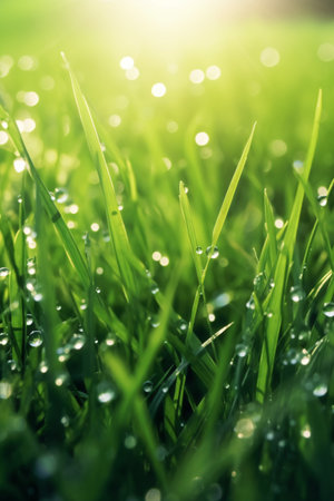 Fresh green grass with dew drops closeup. Nature background created AIの素材