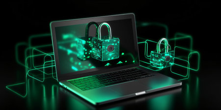 Cyber security concept with laptop and padlock icon in neon colors - created with AIの素材