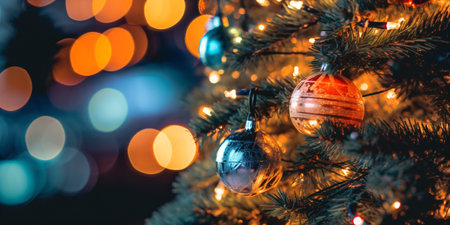 Decorated christmas tree with colorful bokeh background created with AIの素材