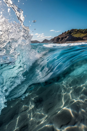 Surf wave in the ocean with splashing water on the beach created with AIの素材