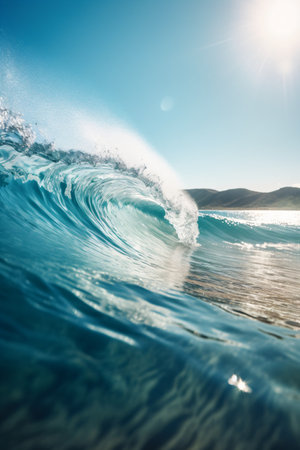 Blue Ocean Wave with Sun Rays. Water background created with AIの素材