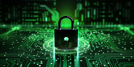 Cyber security concept with padlock on circuit board background created with AIの素材
