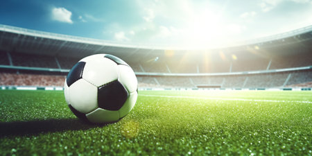 Soccer ball on green field of stadium created with AIの素材
