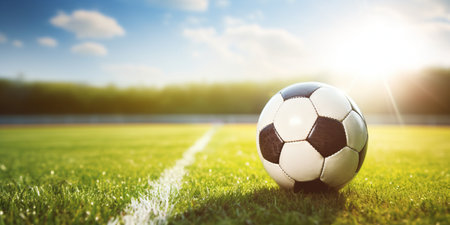 Soccer ball on the green grass with blue sky and white clouds created with AIの素材