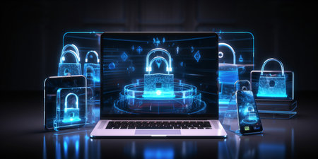 Cyber security concept on laptop screen created with AIの素材
