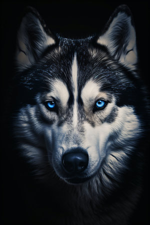 portrait of a husky with blue eyes dark backgroundの素材