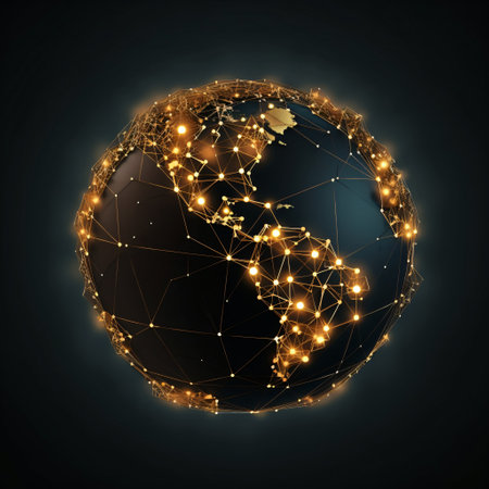 World map with networked countries with black background - created with AIの素材