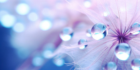 Beautiful dew drops on a dandelion seed macro. Beautiful soft light blue and violet background created with AIの素材