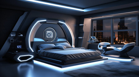 Interior of a cozy modern futuristic luxury bedroom in black and white tones neon leds - created with AIの素材