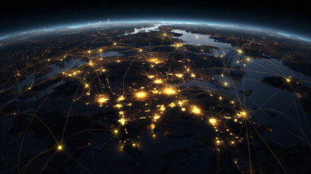 Global network connection over planet Earth at night created with AIの素材