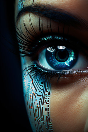 Close-up portrait of beautiful young woman with futuristic eye makeup.の素材