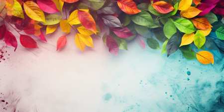 Colorful autumn leaves on watercolor background with space for text.の素材
