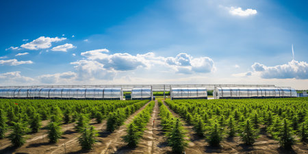 Greenhouse with rows of young cannabis growing in rows on a sunny dayの素材