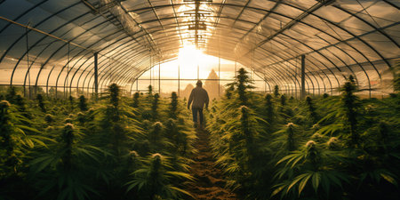 Cannabis cultivation in a greenhouse at sunset.の素材