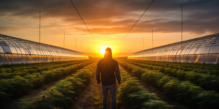 Farmer standing in a greenhouse with a beautiful sunset on the backgroundの素材