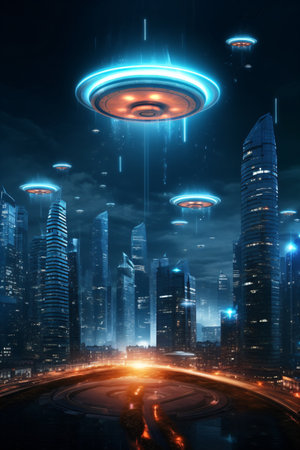 Futuristic UFO flying over the city at night.の素材