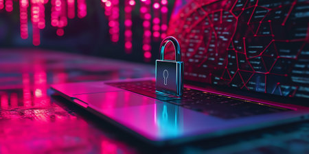 Cyber security concept. Laptop and padlockの素材