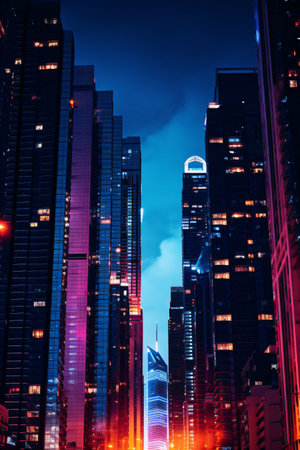 Skyscrapers at night with neon colorsの素材