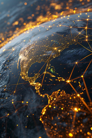 World with interconnected countries with a dark backgroundの素材