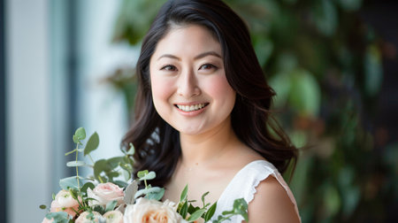 A bride with a beautiful wedding bouquet in her handsの素材
