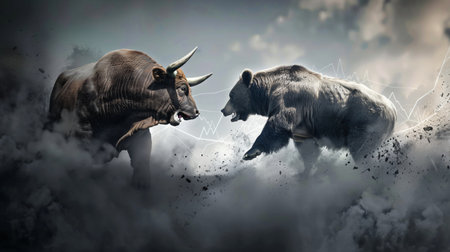 dramatic depiction of a bull and a bear clashing amidst dust and stock market graph elements, symbolizing financial market volatilityの素材