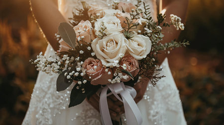 Beautiful wedding bouquet of different flowers in hands of the brideの素材