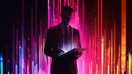 businessman in a suit holding a tablet, surrounded by vibrant digital charts, graphs, and futuristic data visualizations neon colorsの素材