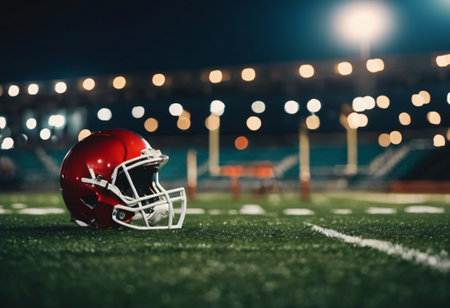 American football helmet on green field at night. American football concept.の素材