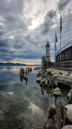 Harbor entrance of Lindau with view of the lighthouseの写真素材