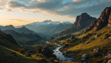 Mountain landscape at sunset with a stream in the foreground,の素材