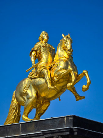 Golden equestrian statue of Augustus the Strong in Dresden Germanyの写真素材